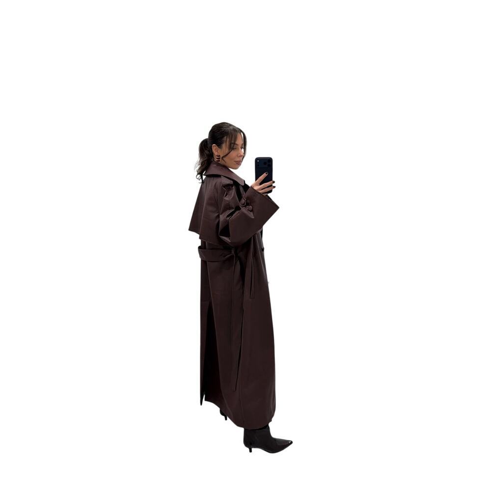 NWT Hot Fashion Burgundy Faux Leather Trench Coat Belted Long Coat One Size - Picture 4 of 11